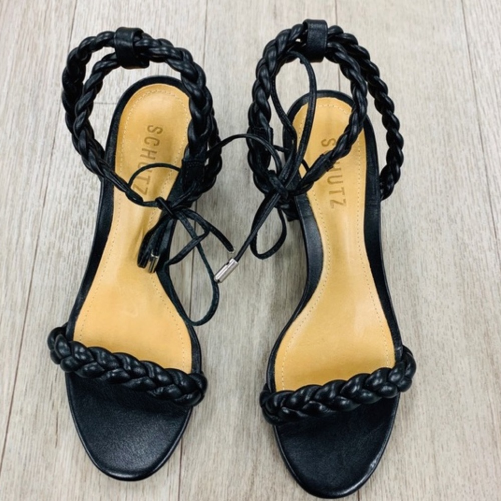 SCHUTZ Block Heel Leather Black Sandals - Picture 3 of 5